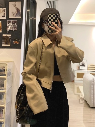 Khaki spring and autumn fashionable age-reducing western-style jacket women's short long-sleeved design casual ins jacket top