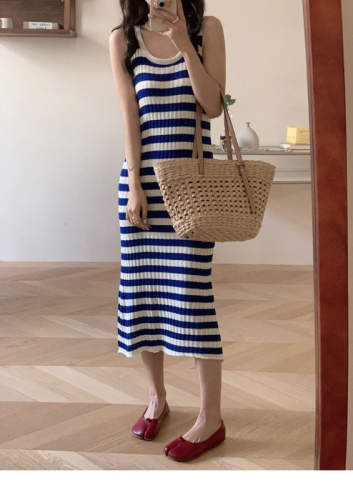 Blue Striped Dress Women's Beach Resort Style Loose Vest Knitted Beach Skirt Lazy Style Casual Long Skirt