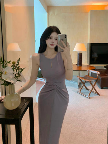 Real shot and real price temperament hollow pleated vest dress for women summer purple waist slimming hip skirt