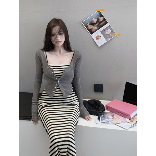 Pure lust style striped suspender dress for women 2024 summer temperament sleeveless tube top waist slimming long skirt