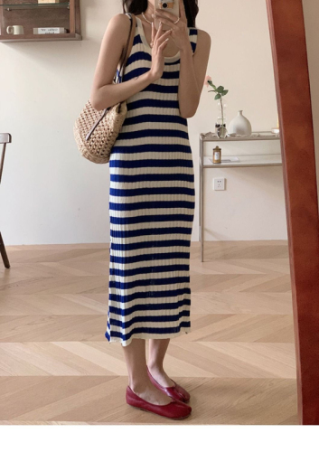 Blue Striped Dress Women's Beach Resort Style Loose Vest Knitted Beach Skirt Lazy Style Casual Long Skirt