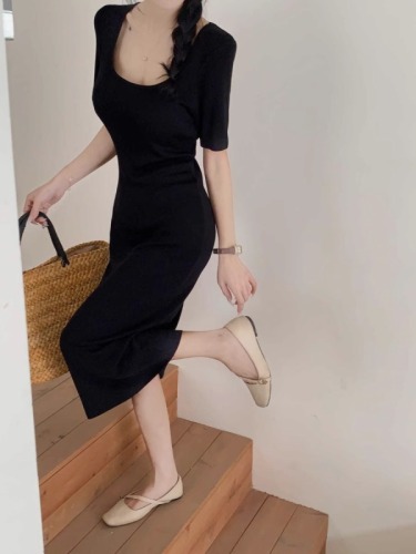 Ice Silk Drape Dress Women's Summer 2024 New Mid-Sleeve Black Square Neck Slim Fit Long Dress Women's Summer