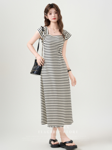 Striped square collar contrasting color strap short-sleeved dress for women 2024 summer new style waist design temperament mid-length skirt