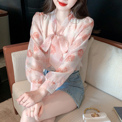 Real shot floral chiffon shirt women's long sleeve 2024 new style temperament fashion top butterfly shirt