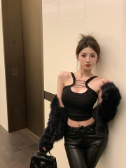 Actual shot and real price Sexy strappy black camisole top with breast pads underneath