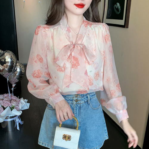 Real shot floral chiffon shirt women's long sleeve 2024 new style temperament fashion top butterfly shirt