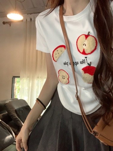 Actual shot of 2024 new summer Apple print loose printed shoulder top T-shirt for women