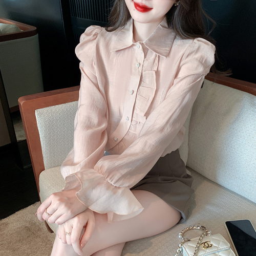 Already shipped real shot 2024 new design chiffon shirt shirt long-sleeved top western style small shirt for women