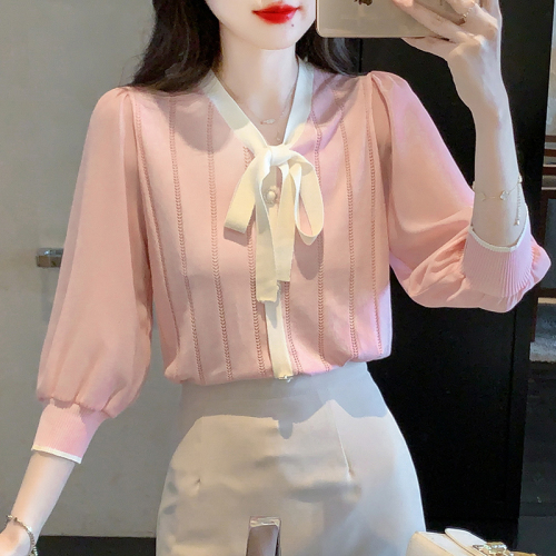 Actual shot of 2024 new style small fragrant sweater sweater bow temperament bottoming shirt top for women