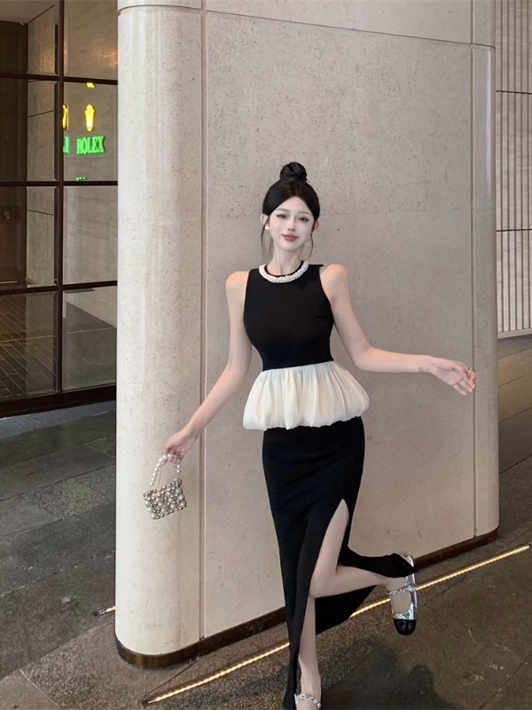 Real shot and real price French pearl collar lace vest top + high waist bag hip skirt slit long skirt suit