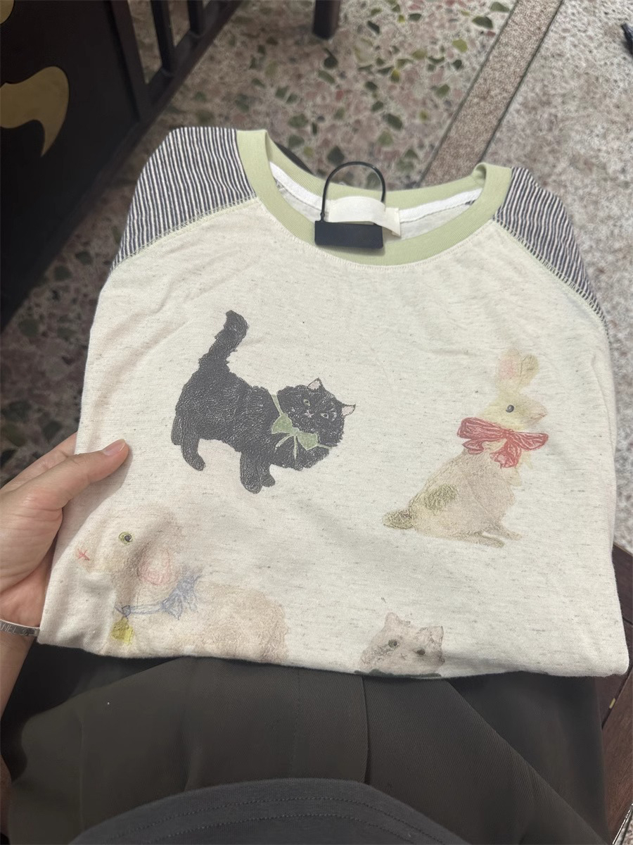 Korean Design Sunscreen Girl Long Sleeve Summer Thin Loose Round Neck Shoulder Insert Cartoon Animal Print T-Shirt 