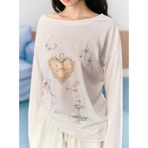 Original fabric design retro print loose slightly see-through sunscreen cover-up long-sleeved top T-shirt for women