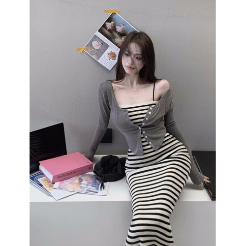 Pure lust style striped suspender dress for women 2024 summer temperament sleeveless tube top waist slimming long skirt