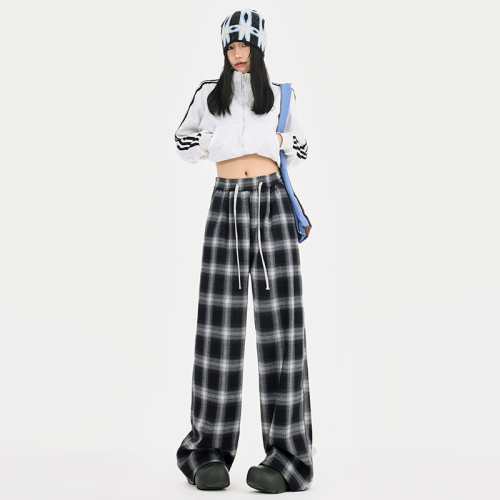 Real shot single pants with velvet and black and white checkered autumn and winter drawstring elastic waist loose straight casual wide leg pants