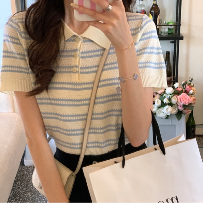 Ice silk knitted sweater t-shirt for women summer new trendy shoulder short top