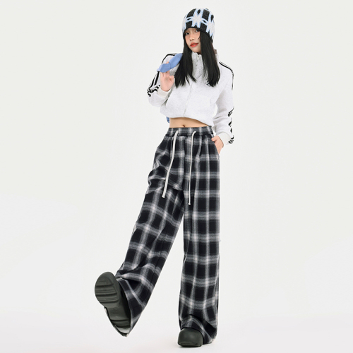 Real shot single pants with velvet and black and white checkered autumn and winter drawstring elastic waist loose straight casual wide leg pants