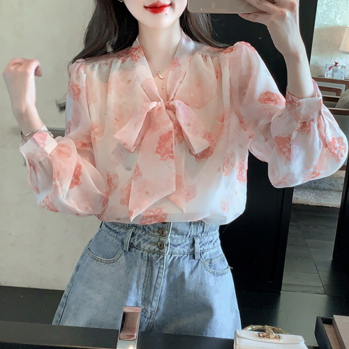 Real shot floral chiffon shirt women's long sleeve 2024 new style temperament fashion top butterfly shirt