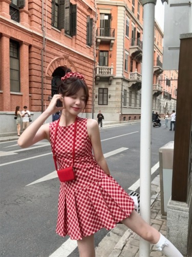 Sweet and Spicy Strawberry Red and White Checkered A-Line Sleeveless Dress + Two-piece Set with Headband