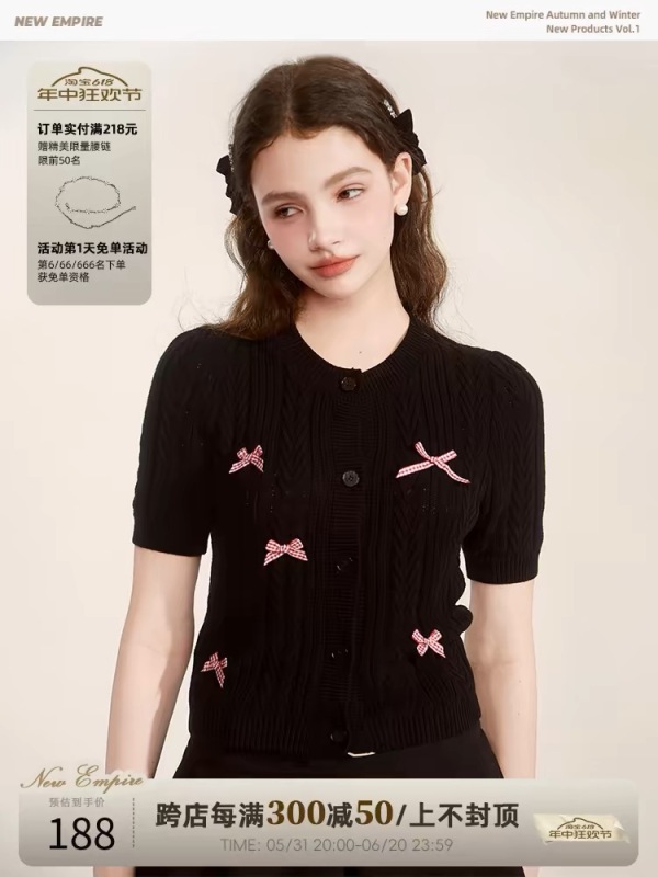 NEW EMPIRE original design short top thin thin bow black short-sleeved knitted cardigan for women