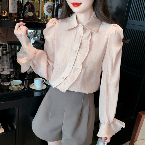 Already shipped real shot 2024 new design chiffon shirt shirt long-sleeved top western style small shirt for women