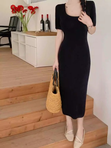 Ice Silk Drape Dress Women's Summer 2024 New Mid-Sleeve Black Square Neck Slim Fit Long Dress Women's Summer