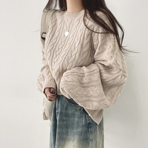 Large size original Korean style ins lazy style loose solid color long-sleeved twist sweater round neck twist knitted sweater top