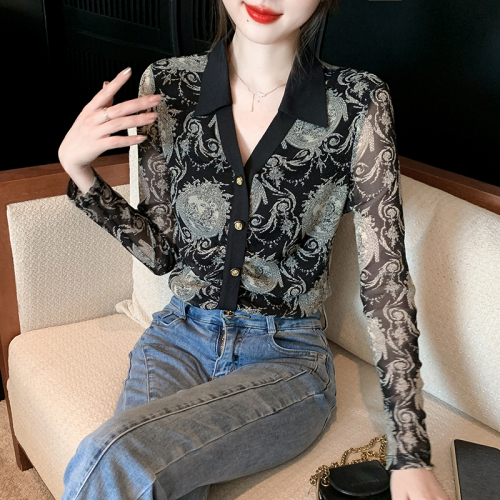 Real shot 2024 lace shirt/chiffon shirt commuting super slim long-sleeved suit collar single-breasted spring and autumn new style