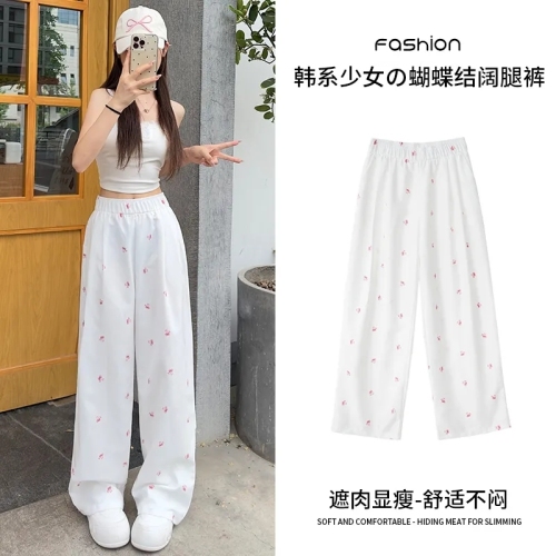 New summer white floral Yamamoto pants fresh bow loose straight pants high waist casual wide leg pants