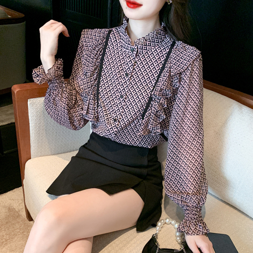 Real shot of floral chiffon shirt women's long-sleeved 2024 autumn new style temperament fashion top small shirt