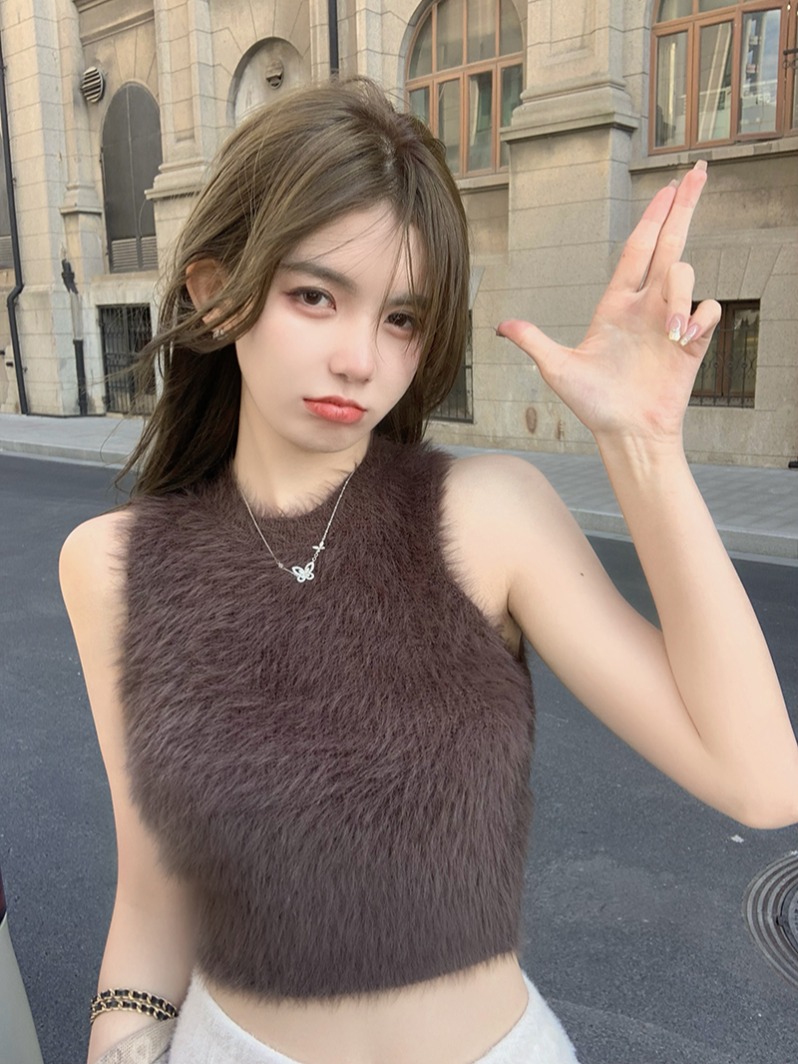 New autumn and winter mink gray vest women's winter short plush velvet bottoming shirt top