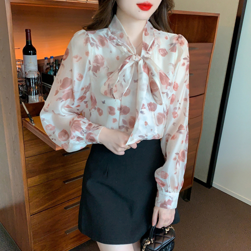 Real shot floral chiffon shirt women's long sleeve 2024 new style temperament fashion top butterfly shirt