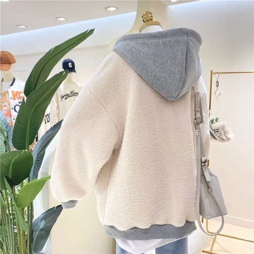 202 large 4-door new style plus velvet imitation sherpa splicing fake two-piece hooded pocket hoodie sweatshirt jacket for women