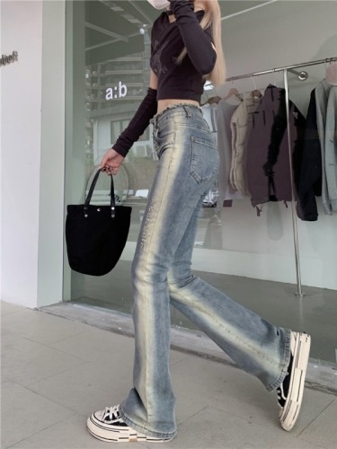 Real shot!  Hot girl high-waist raw edge jeans women's gradient distressed tight slimming slightly flared trousers