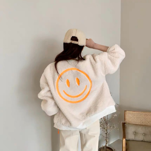 2024 autumn and winter new American style imitation lamb plush smiley face embroidered baseball uniform jacket jacket for women ins trend