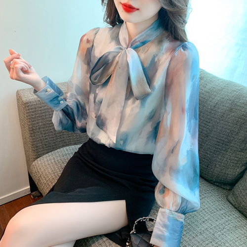 Real shot floral chiffon shirt women's long sleeve 2024 new style temperament fashion top butterfly shirt