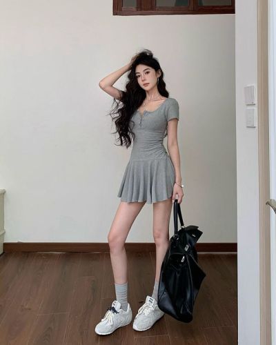 Real shot of summer pure desire college style U-neck waist pleated skirt short-sleeved dress high-waisted shorts suit