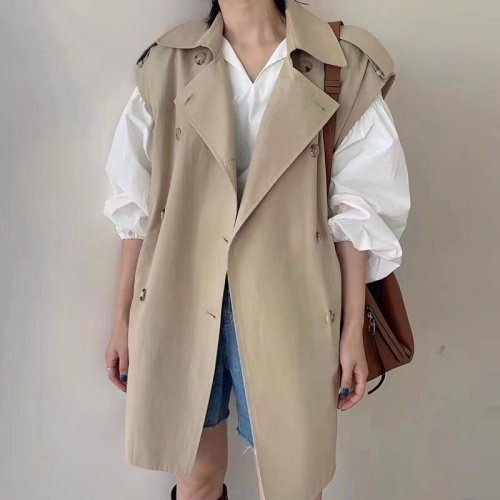 Korean chic style lapel double-breasted loose mid-length sleeveless windbreaker vest jacket for women