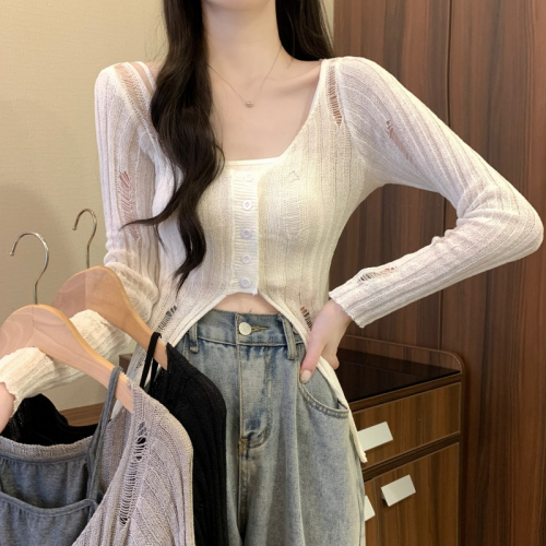 Summer hollow hole chic sun protection T-shirt women's thin suspender outer blouse air-conditioning shirt design short top