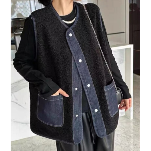 Lamb wool vest for women's outer wear autumn and winter 2024 new Korean loose small versatile denim vest jacket