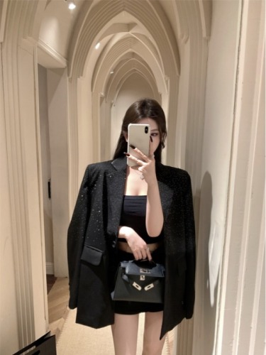 Black hot diamond suit jacket for women spring 2024 new temperament and high-end sense loose and versatile casual suit top