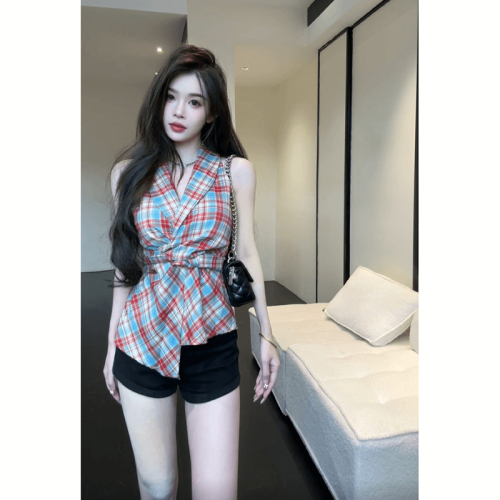 Official Photo Summer Dopamine Outfit Plaid Camisole Women's Outerwear Design Waist Sleeveless V-Neck Top