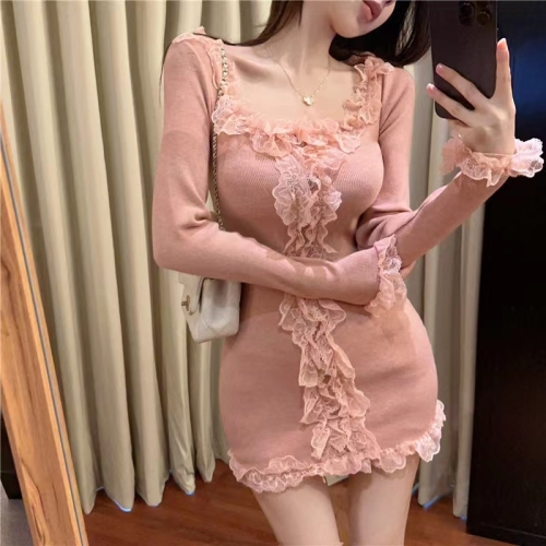 Sweet lace dress for women in autumn and winter pure lust style slimming tube top bottoming hip skirt