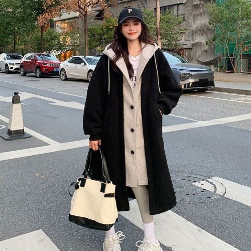 2024 Korean chic autumn and winter new long hooded skirt jacket sherpa versatile loose fashion jacket trend