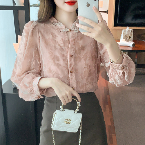 Real shot 2024 spring new style light national style top velvet burnt flower private style long-sleeved shirt for women early autumn