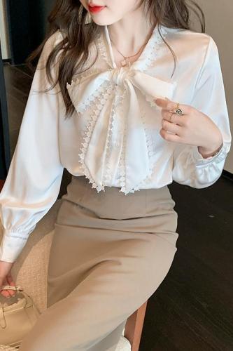 Real shot of bow tie lace shirt for women 2024 new design niche sweet temperament white top