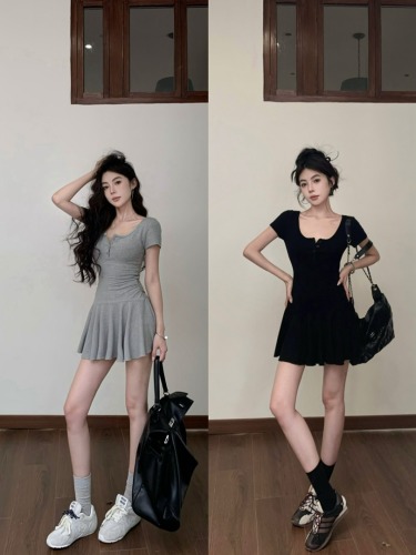 Real shot of summer pure desire college style U-neck waist pleated skirt short-sleeved dress high-waisted shorts suit