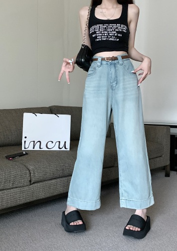 Actual shot of high-waisted, wide-legged, petite wide-legged nine-minute jeans