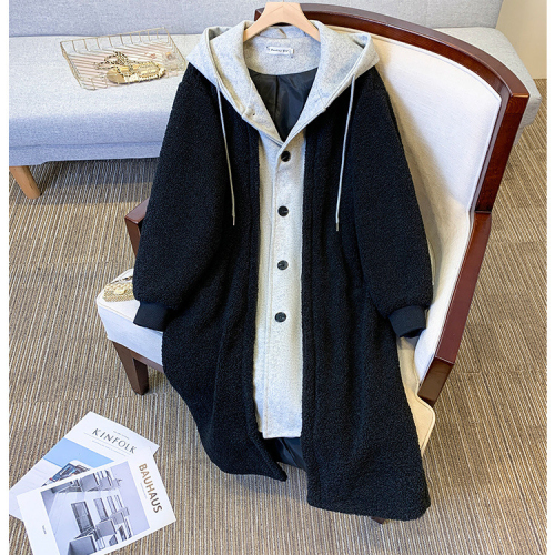 2024 Korean chic autumn and winter new long hooded skirt jacket sherpa versatile loose fashion jacket trend