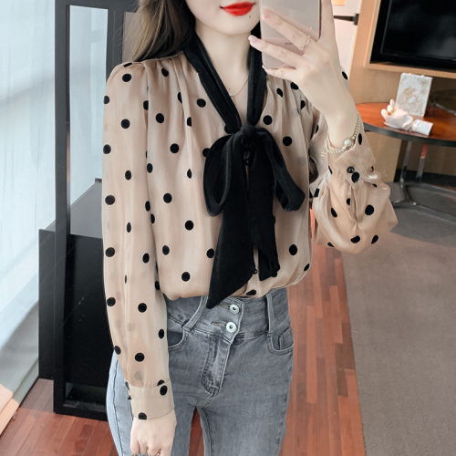 Actual shot of the new 2024 autumn and winter Korean style all-match gold velvet stitching bow tie long-sleeved shirt women's bottoming shirt