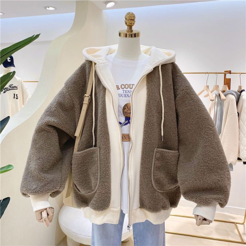 202 large 4-door new style plus velvet imitation sherpa splicing fake two-piece hooded pocket hoodie sweatshirt jacket for women